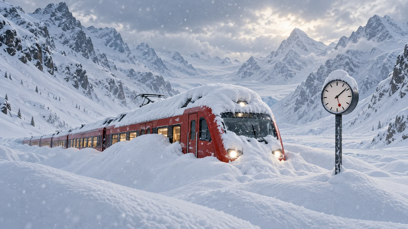 Treno svizzero rosso quasi sepolto dalla neve tra le montagne alpine