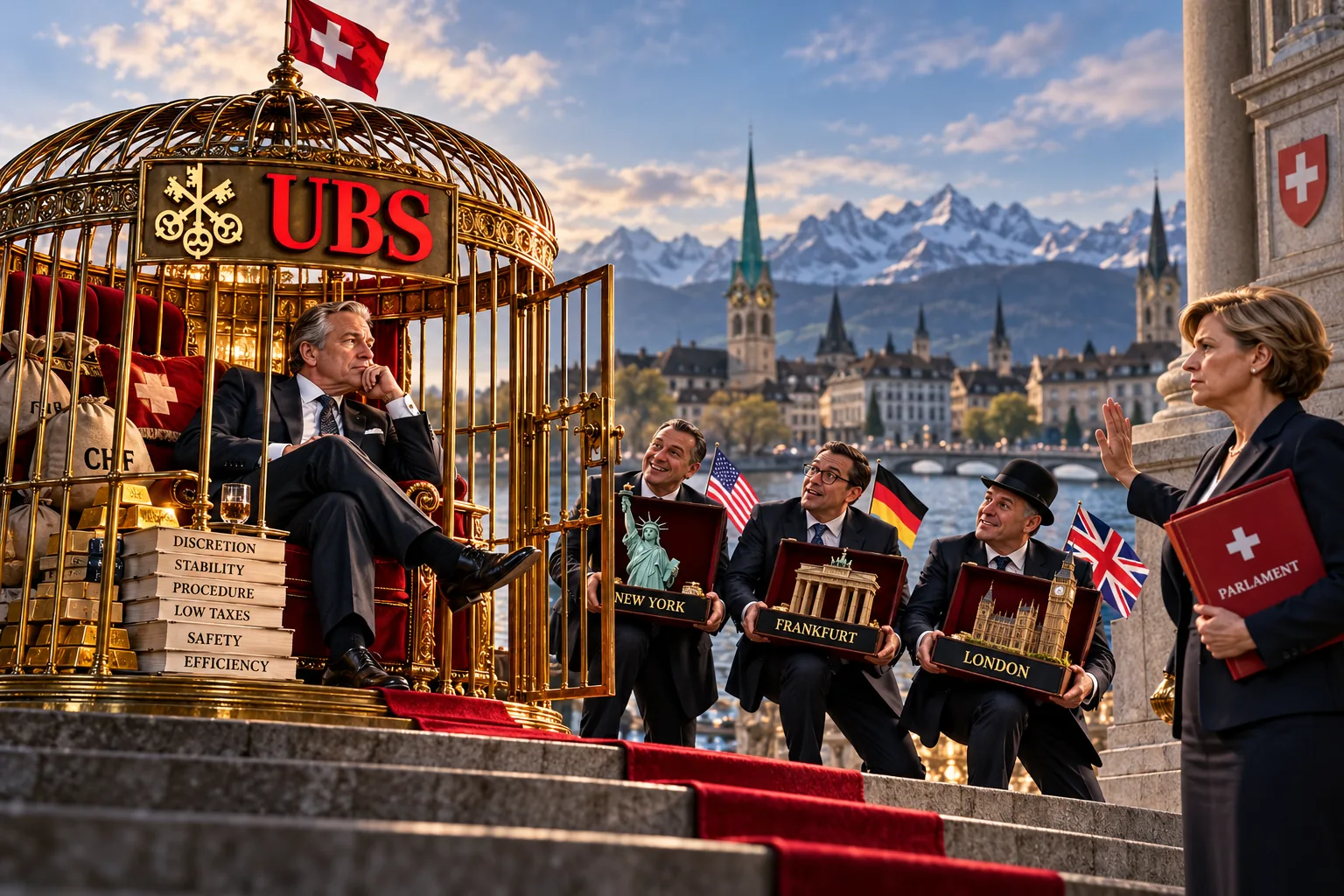 Illustrazione satirica: UBS in una gabbia dorata aperta, mentre banche straniere attendono sulle scale a Zurigo.