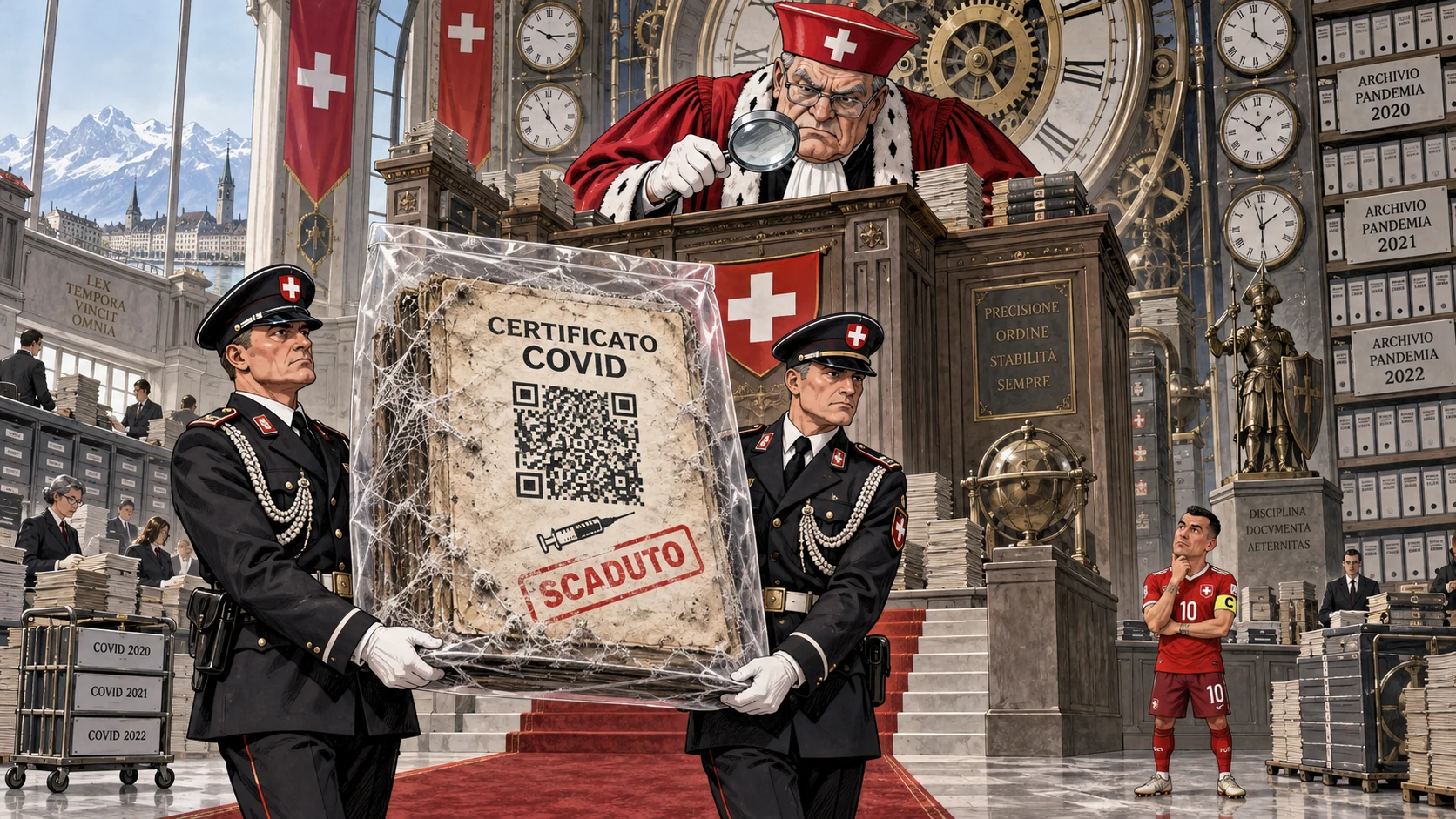 Illustrazione satirica: un giudice svizzero gigantesco, due agenti con un certificato Covid scaduto e Granit Xhaka in piccolo accanto ai fascicoli.